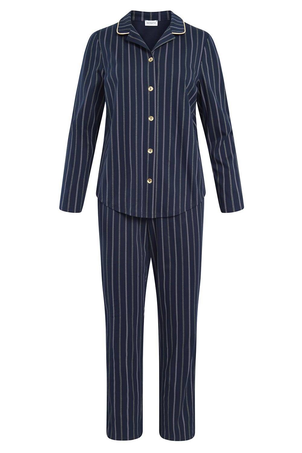 Rösch Pyjama Im Nadelzug Dunkelblau Herrenhemdstil 100% Baumwolle