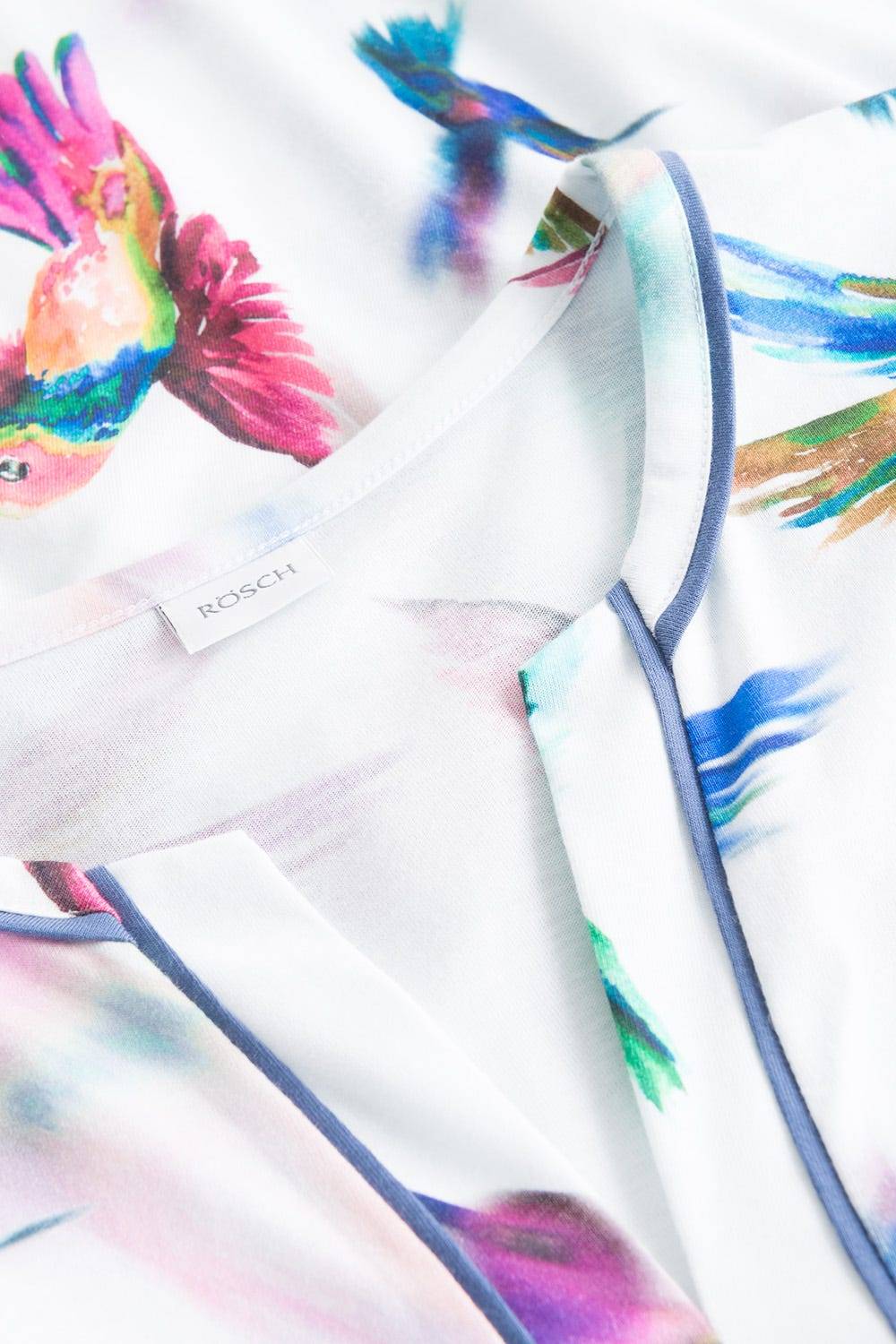 Rösch Pyjama Im Vogel-Druck Kimono Paspeln Halbarm 100% Baumwolle