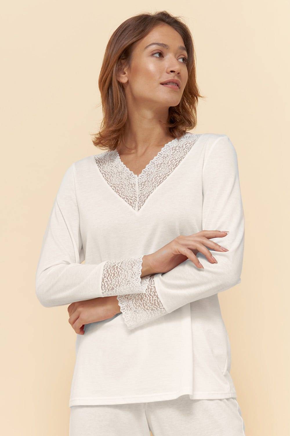 Rösch Pyjama Mit Eleganten Spitzen-Details Einfarbig Romantisch Verspielt Baumwolle/Modal