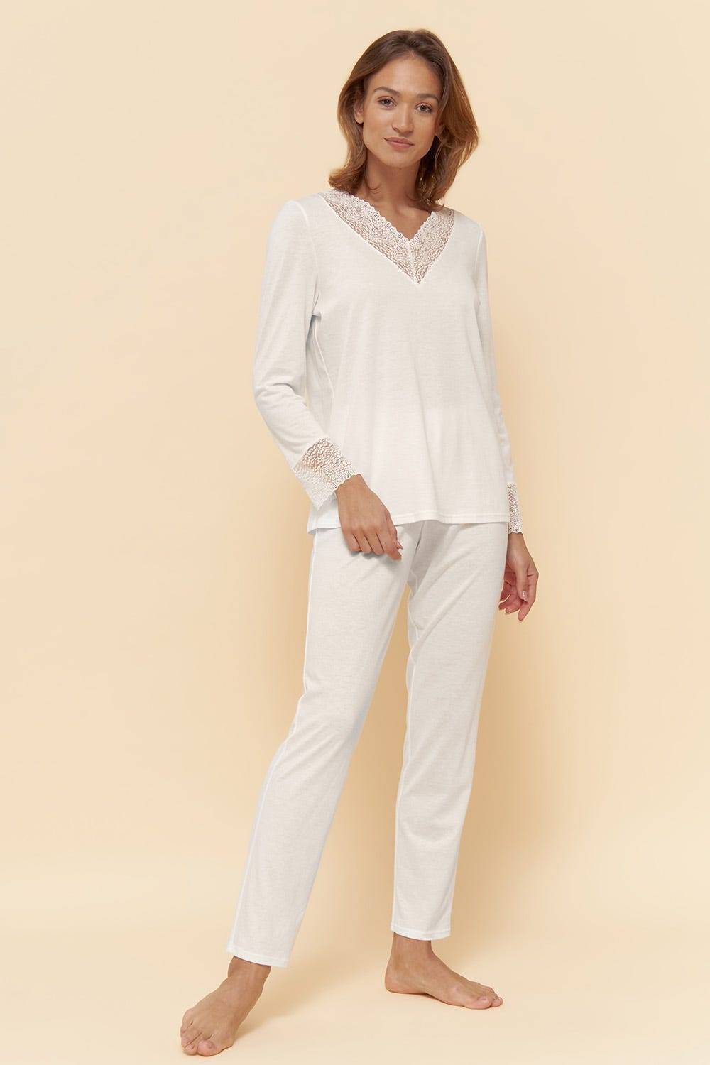 Rösch Pyjama mit eleganten Spitzen-Details einfarbig romantisch verspielt Baumwolle/Modal