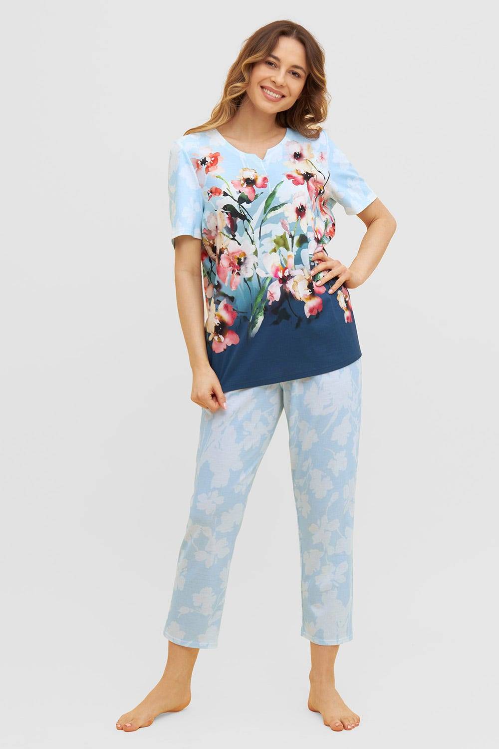 Rösch Pyjama mit platziertem Druck 7/8-Hose Kurzarm Baumwolle/Modal