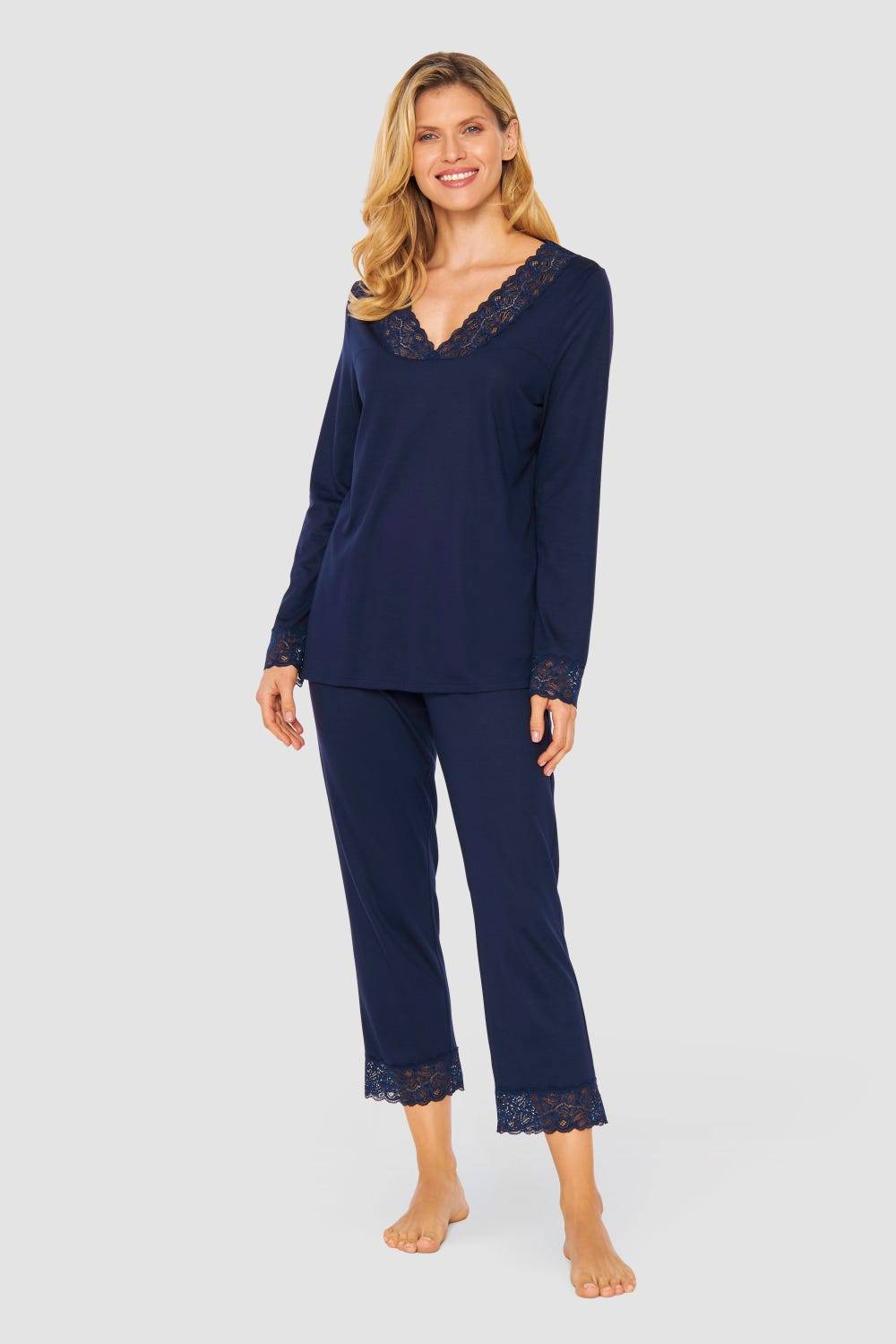 Rösch Pyjama mit Spitzendetails Dunkelblau Baumwolle/Modal Rösch Pyjama mit Spitzendetails Dunkelblau Baumwolle/Modal