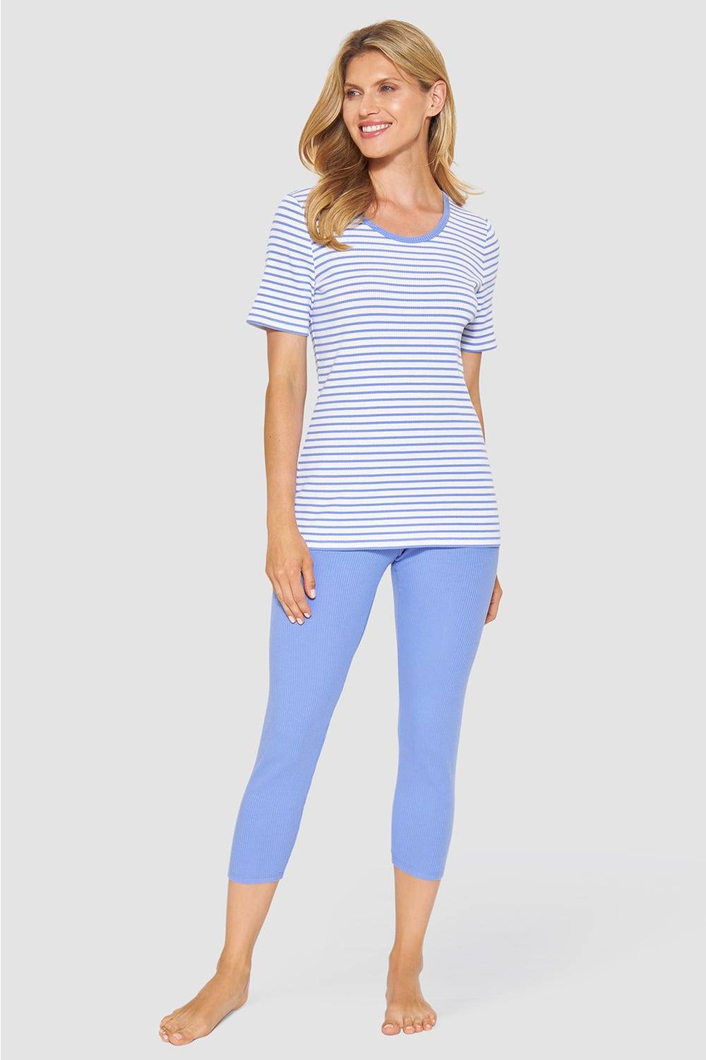 Rösch Pyjama mit Streifendruck Blau-Weiß Feinrippe
