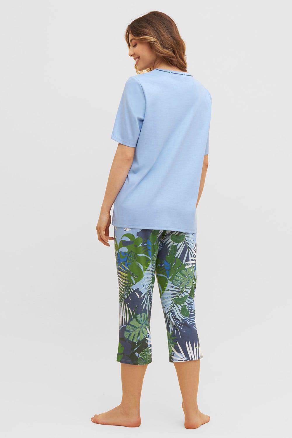 Rösch Pyjama Mit Tropischem Palmen-Druck 3/4-Hose Paspel Baumwolle/Modal