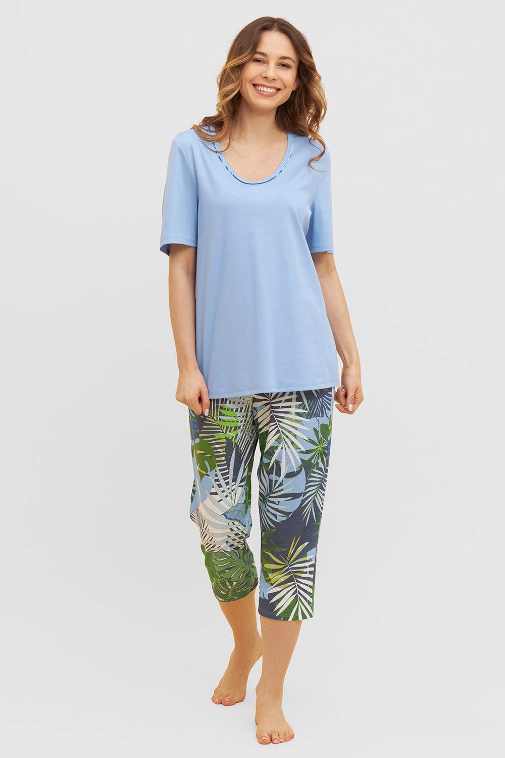 Rösch Pyjama mit tropischem Palmen-Druck 3/4-Hose Paspel Baumwolle/Modal