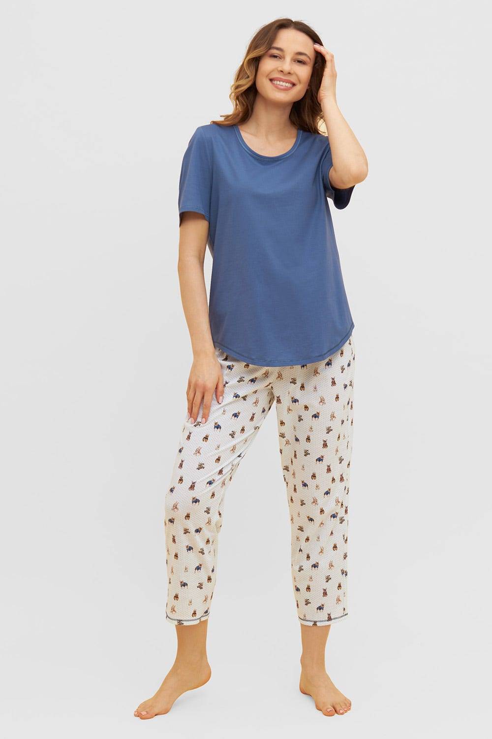 Rösch Pyjama mit verspieltem Hunde-Druck 7/8-Hose Blau Ziernähte 100% Baumwolle