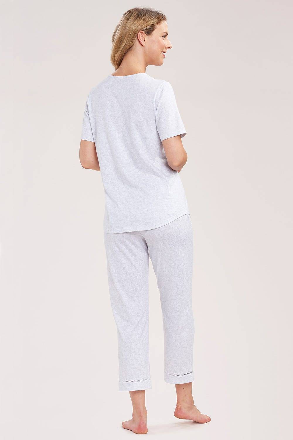 Rösch Pyjama Mit Zierschleife Und Spitze Grau Kurzarm 7/8-Hose 100% Baumwolle