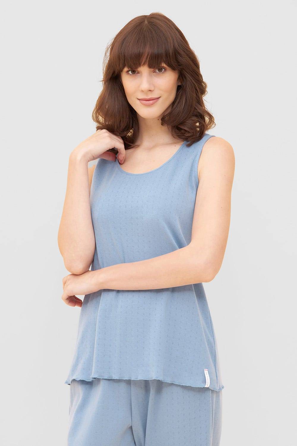 Rösch Pyjama-Top aus Ajour Feinstrick Hellblau Ärmellos Mix &amp; Match 100% Baumwolle