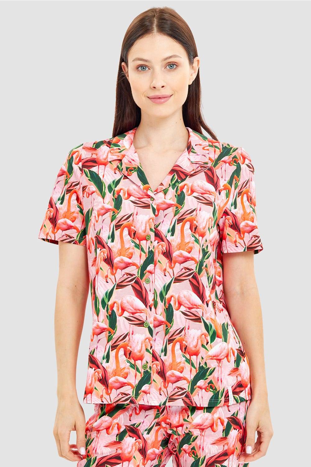 Rösch Pyjamashirt im Flamingo-Druck Baumwolle/Elasthan