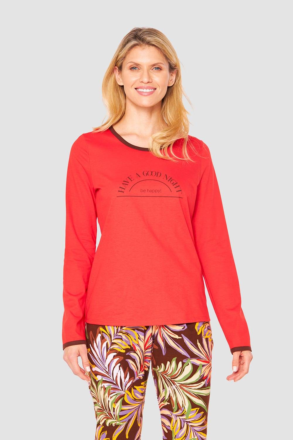 Rösch Shirt mit Schriftzug Rot Braun 100% Baumwolle