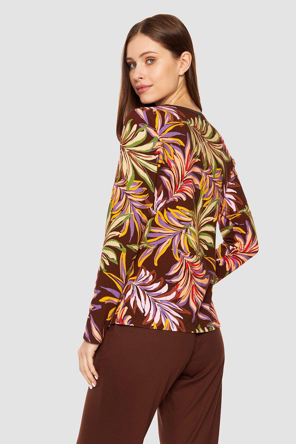 Rösch Shirt Im Bunten Blätterdruck Braun Baumwolle/Elasthan