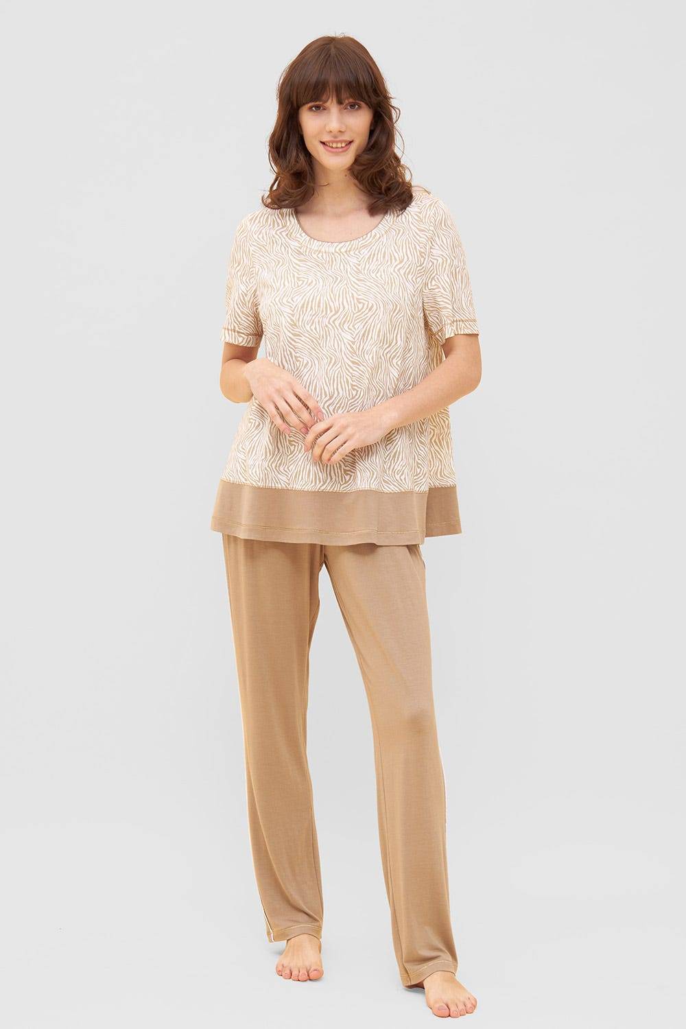 Rösch Shirt Im Zebra-Druck Beige Ziernähte A-Linie Mix &amp; Match Baumwolle/Modal