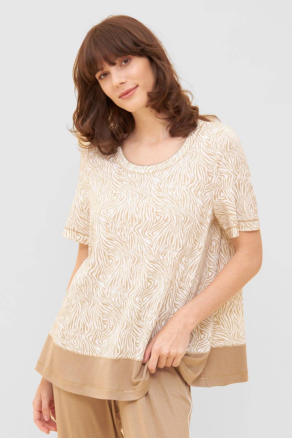 Rösch Shirt im Zebra-Druck Beige Ziernähte A-Linie Mix &amp; Match Baumwolle/Modal