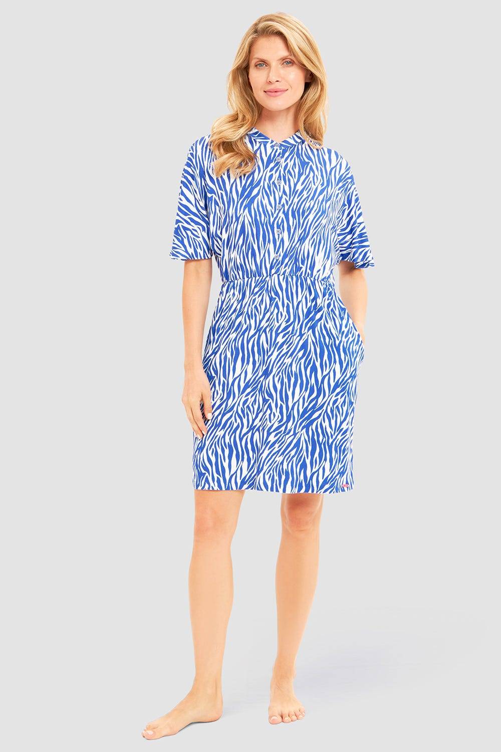 Rösch Strandkleid Kurzarm im modernen Zebradruck Blau-Weiß Viskose/Elasthan