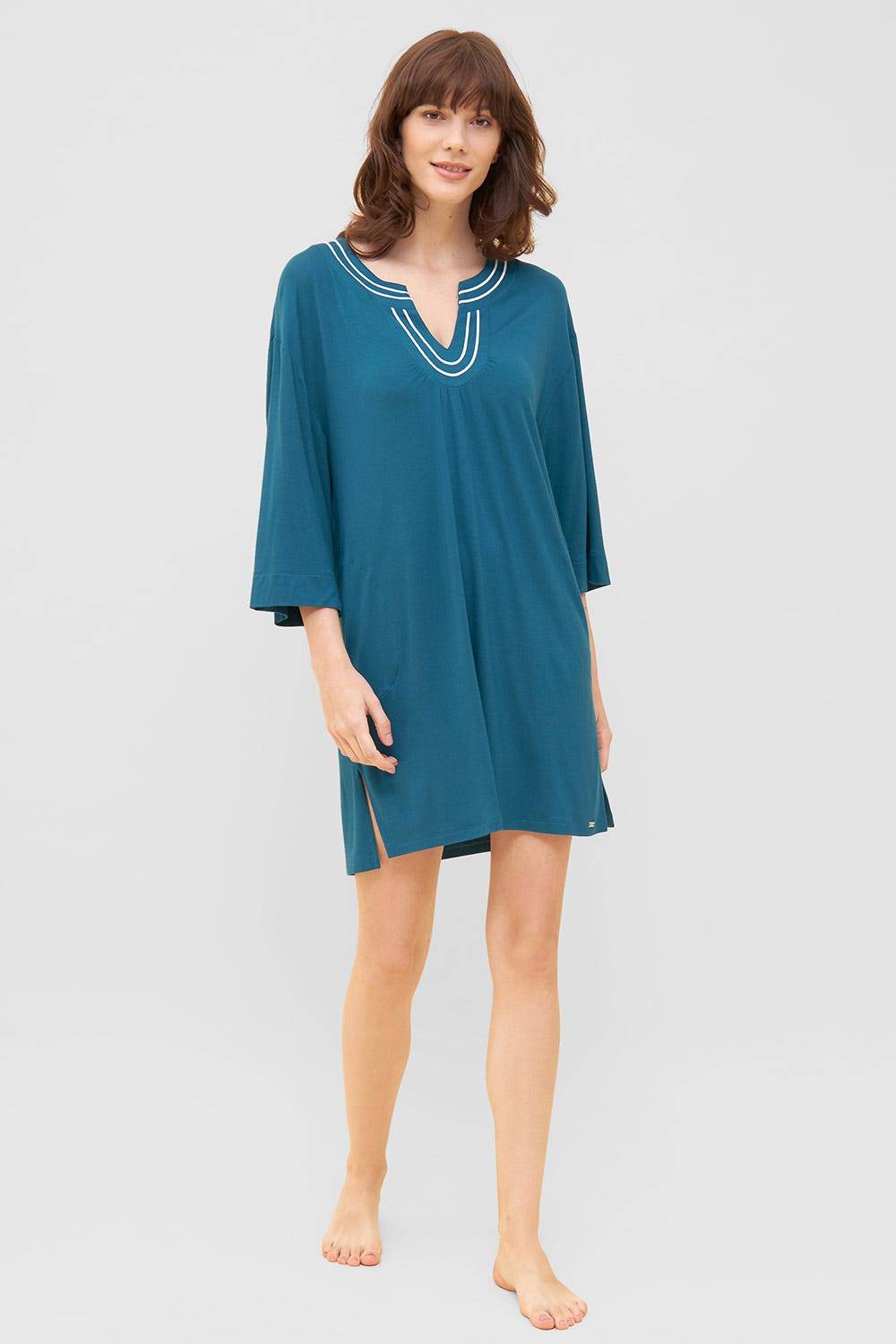 Rösch Strandkleid mit Paspeln am Ausschnitt Petrol 3/4-Arm Viskose/Elasthan