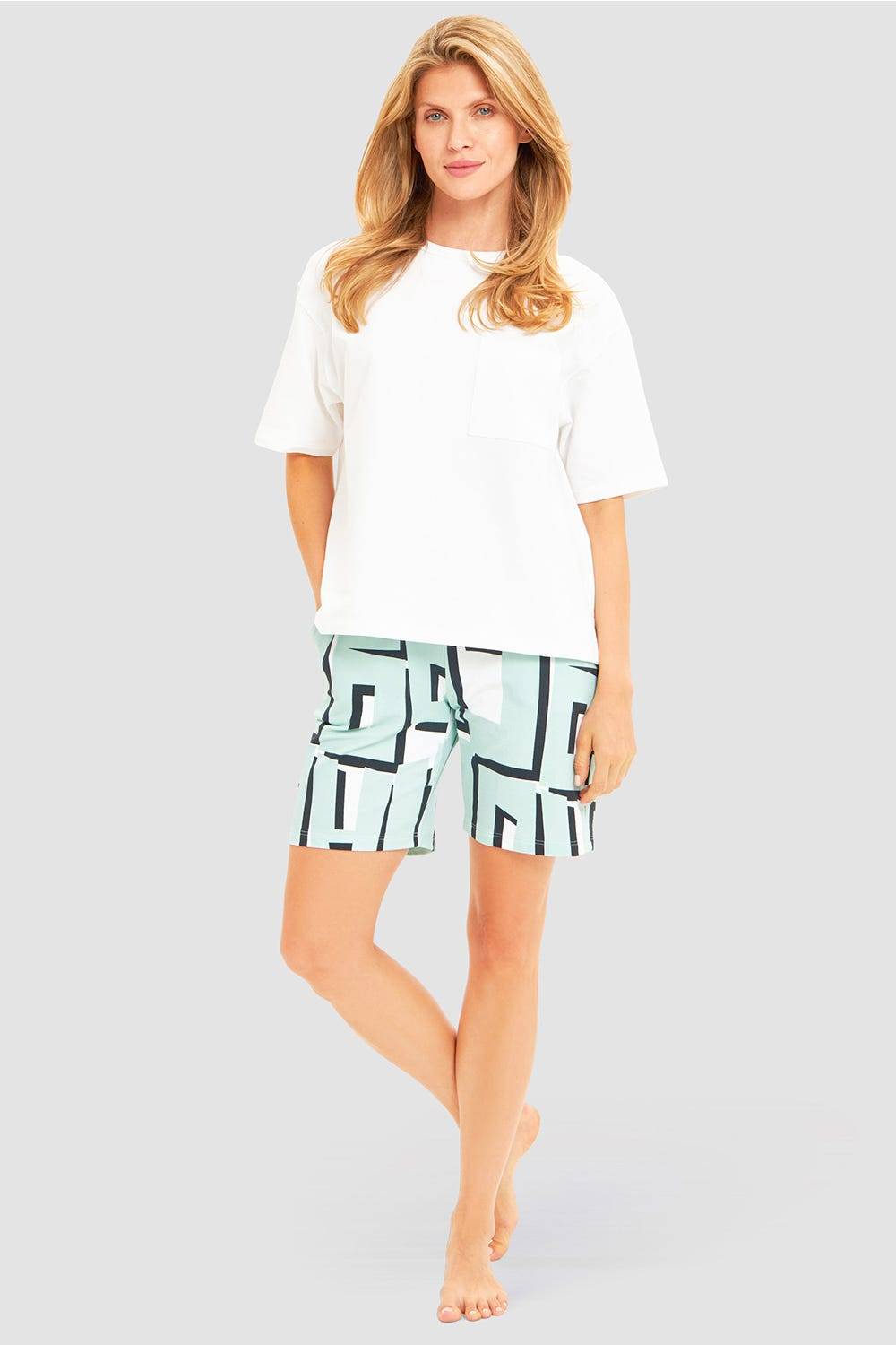 Rösch Sweat Bermuda Im Letter-Print Türkis Baumwolle/Elasthan