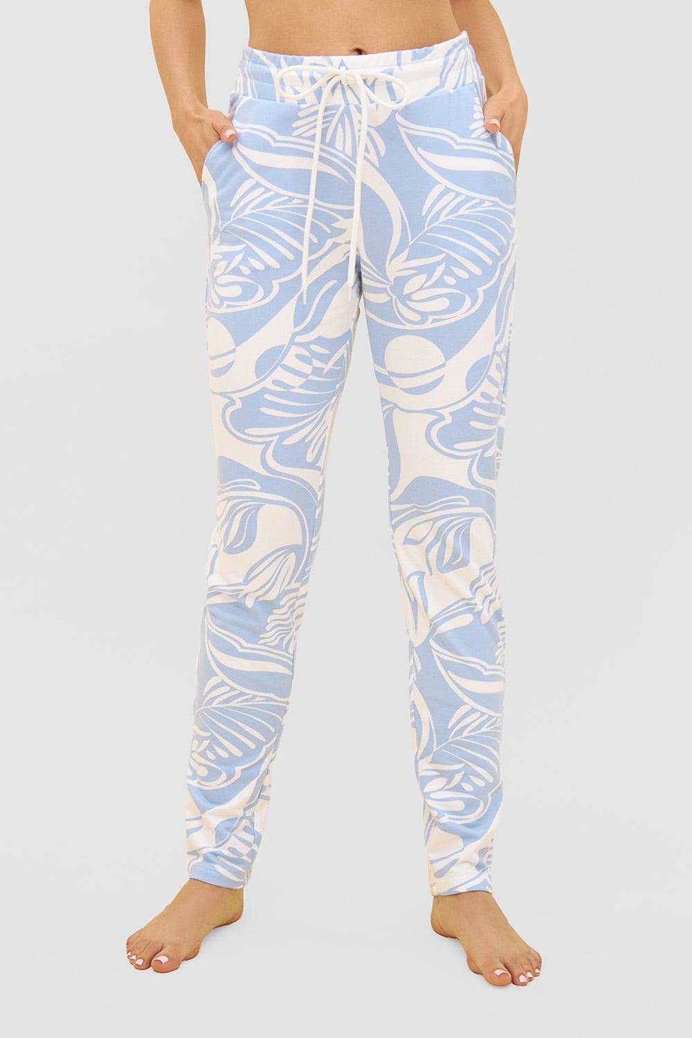 Rösch Sweathose im grafischen Druck Hellblau Kordel Baumwolle/Elasthan