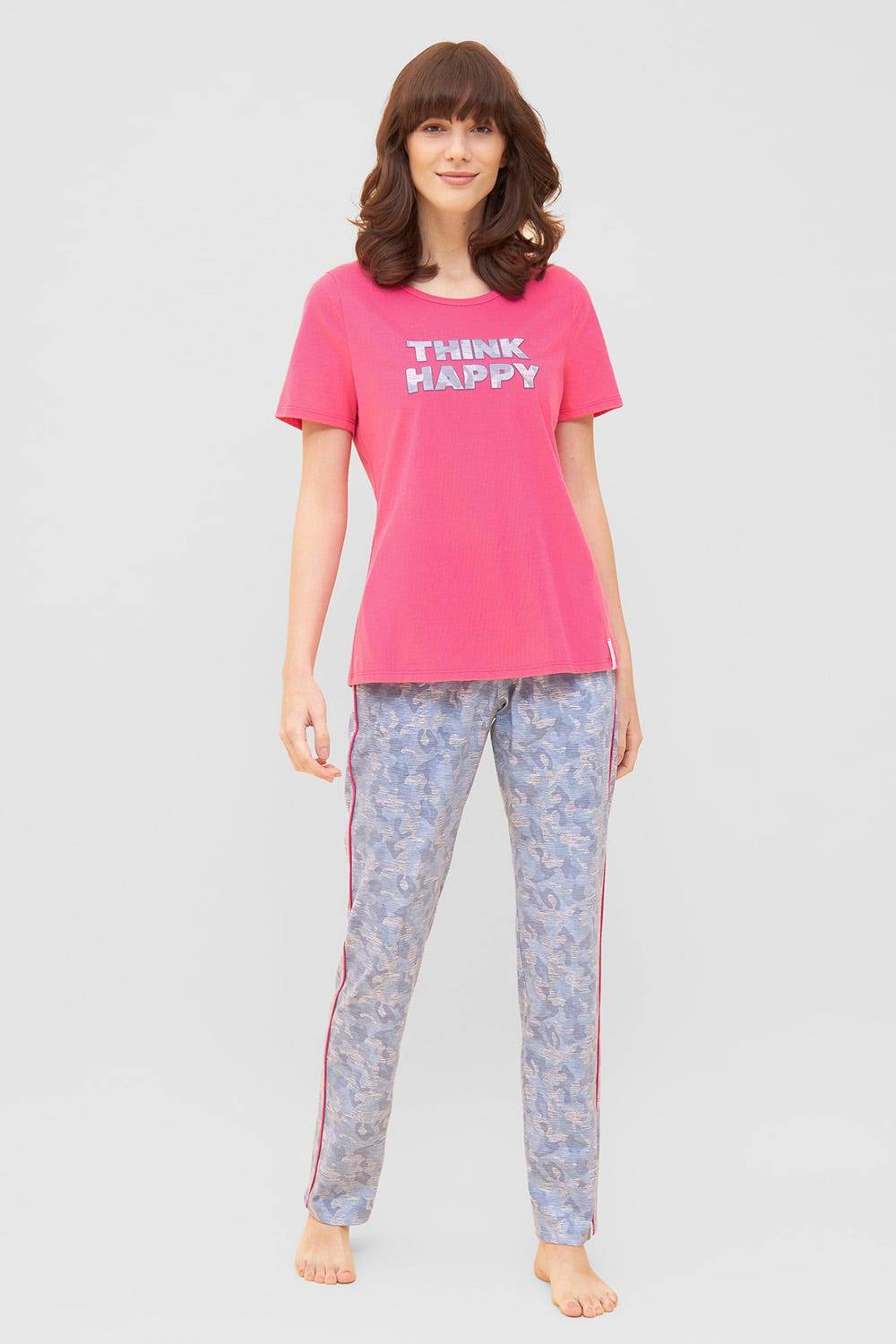 Rösch T-Shirt Mit Schriftzug "Think Happy" Pink Kurzarm Mix &amp; Match 100% Baumwolle