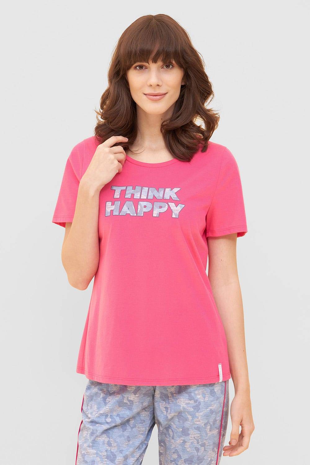 Rösch T-Shirt mit Schriftzug "Think Happy" Pink Kurzarm Mix &amp; Match 100% Baumwolle