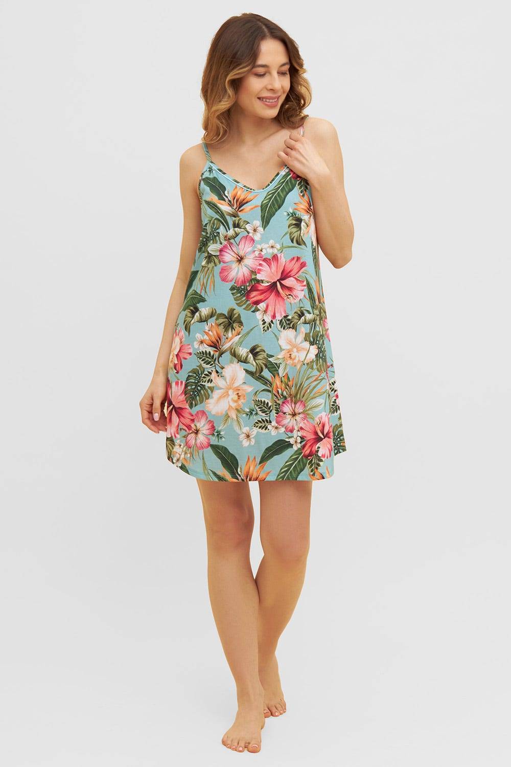 Rösch Trägerkleid im tropischen Druck Spaghetti-Träger Baumwolle/Modal