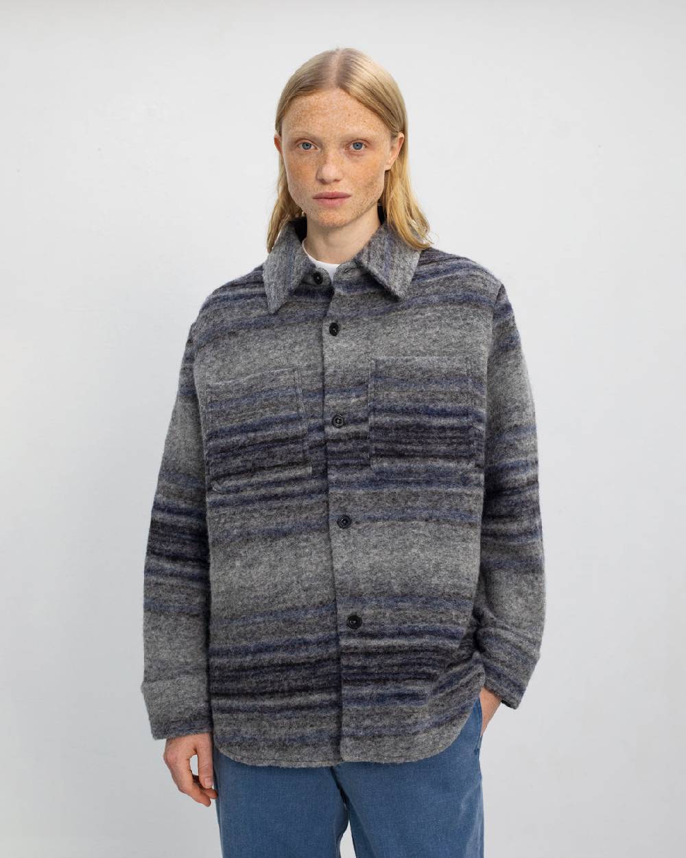 Rotholz Dickes Overshirt Bio Wollmischung - Grau Gestreift