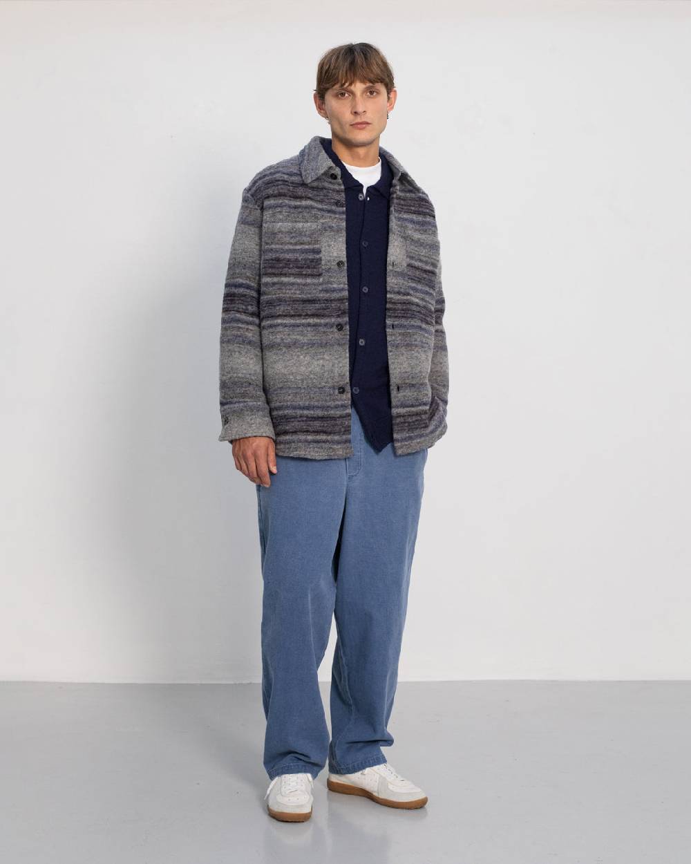 Rotholz Dickes Overshirt Bio Wollmischung - Grau Gestreift