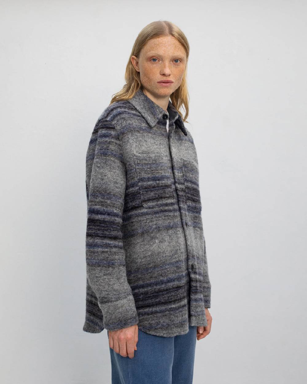 Rotholz Dickes Overshirt Bio Wollmischung - Grau Gestreift