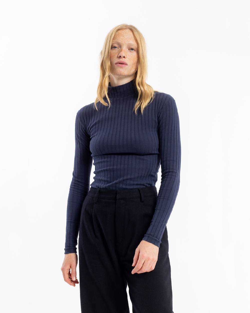 Rotholz Geripptes Longsleeve Bio Baumwolle - Dunkelblau