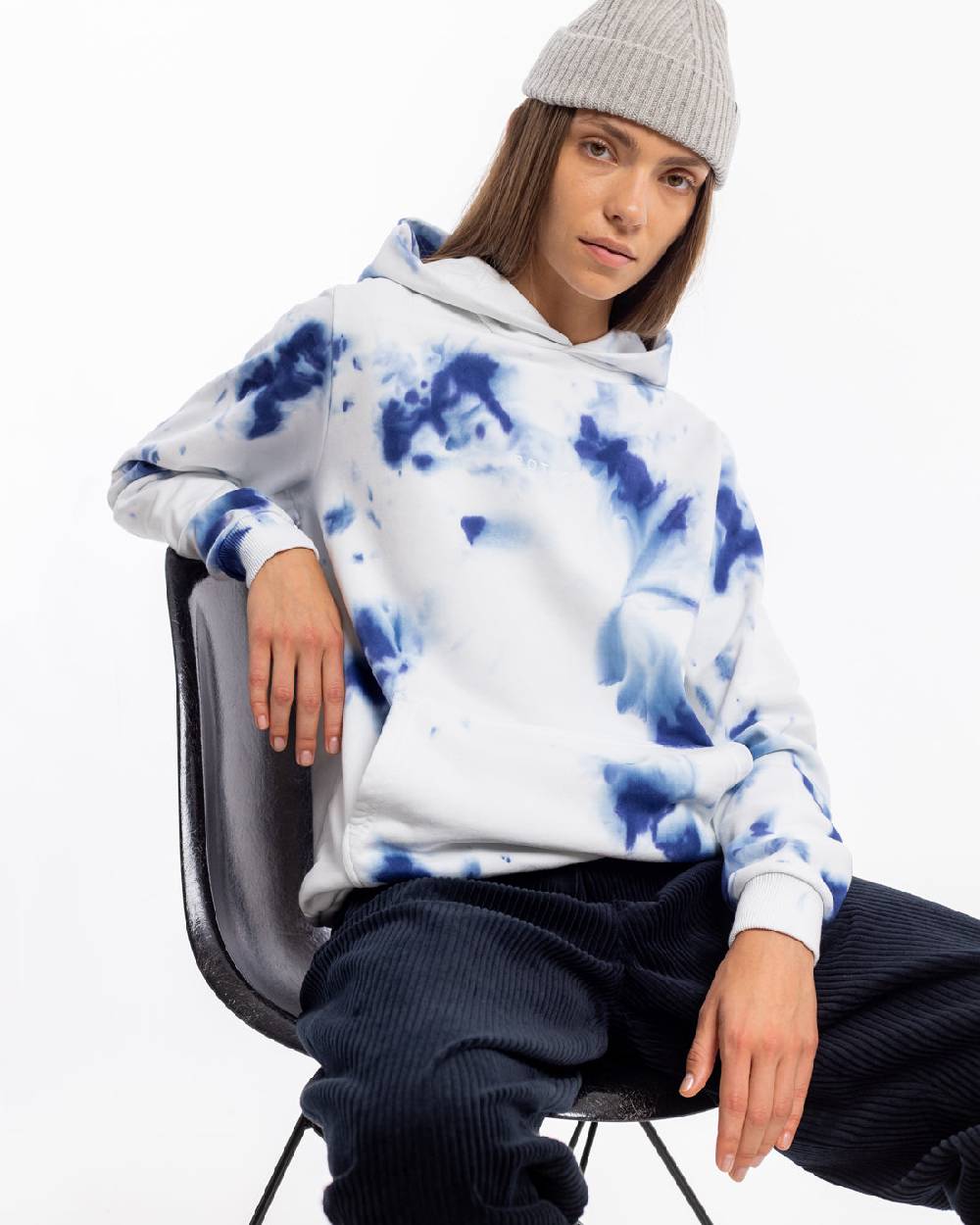 Rotholz Batik Hoodie Bio Baumwolle - Blau/Off-White