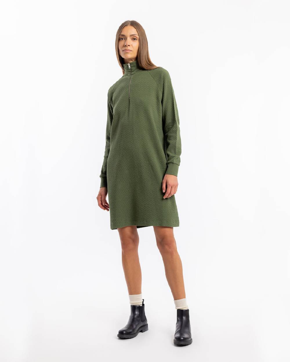 Rotholz Half Zip Sweat Kleid Bio Baumwolle - Grün
