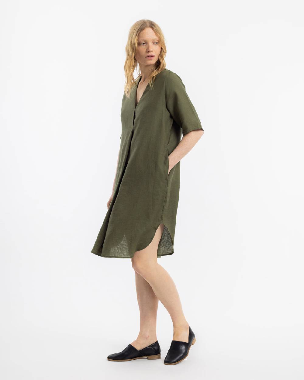 Rotholz Kaftan Kleid Leinen Mix - Oliv