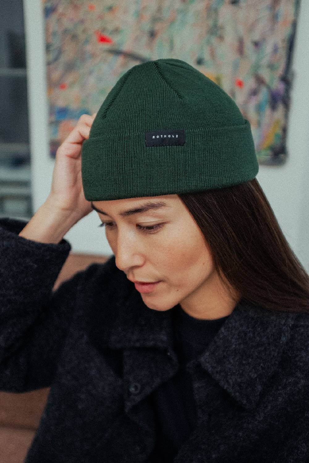 Rotholz Kurze Mütze Merino Fein - Olive