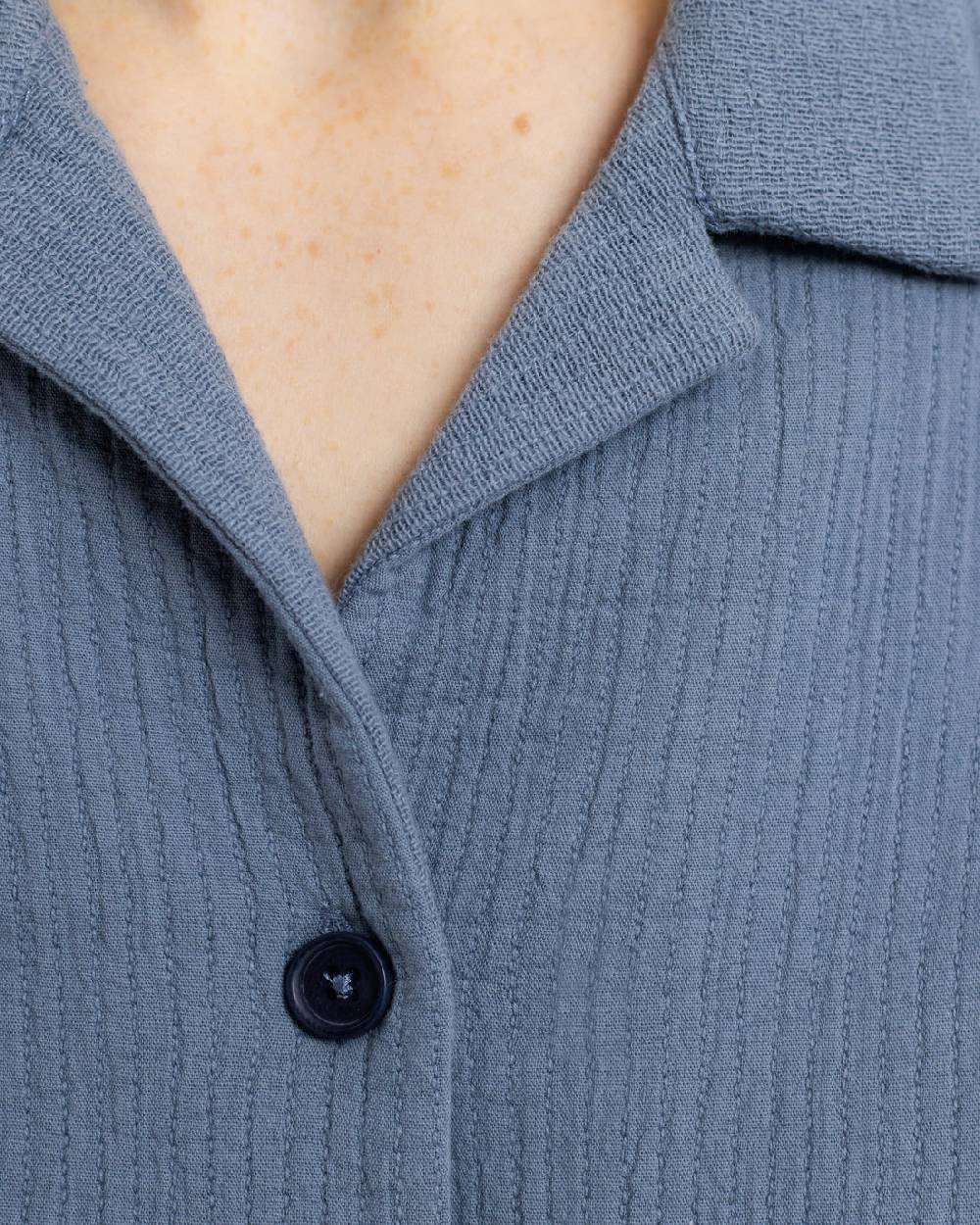 Rotholz Kurzes Bowling Shirt Bio Baumwolle - Blau