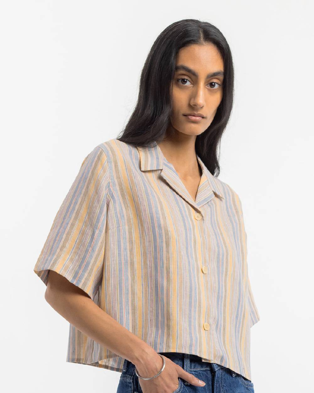 Rotholz Kurzes Bowling Shirt Leinen Mix - Gestreift