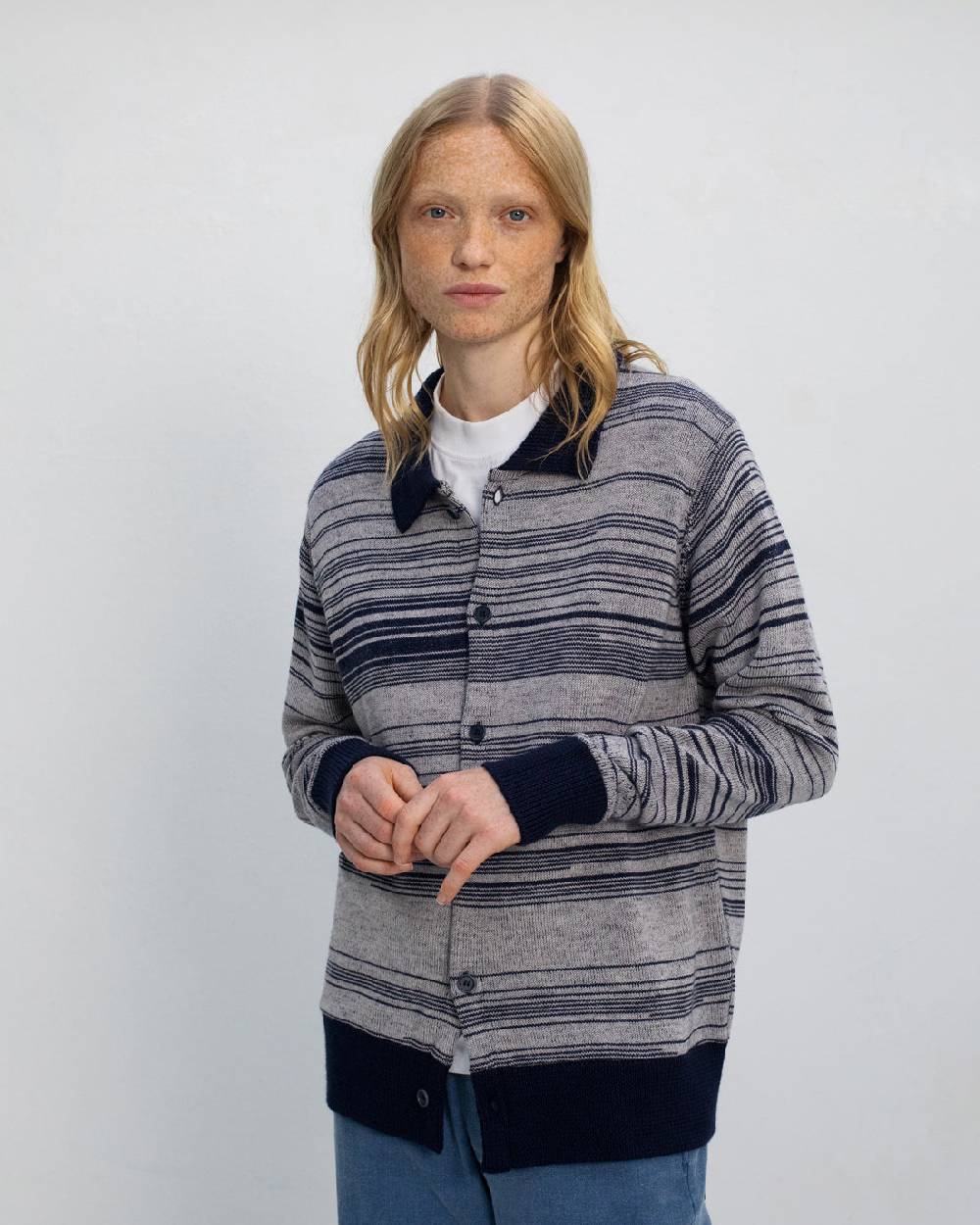 Rotholz Strick Shirt Merinowolle - Blau Gestreift