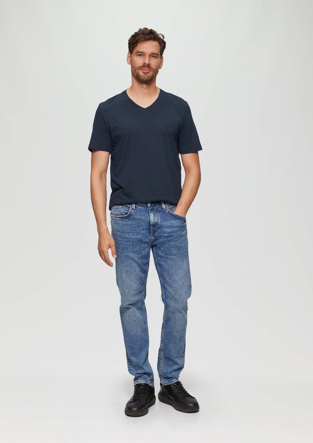 S.Oliver Baumwollshirt Mit V-Ausschnitt Und Flammgarnstruktur