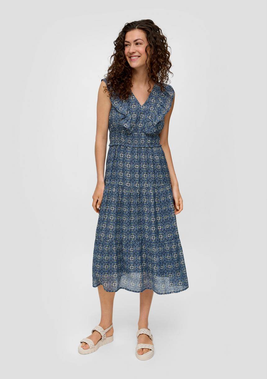 S.Oliver Gemustertes Kleid Aus Viskosemix Mit Rüschendetails