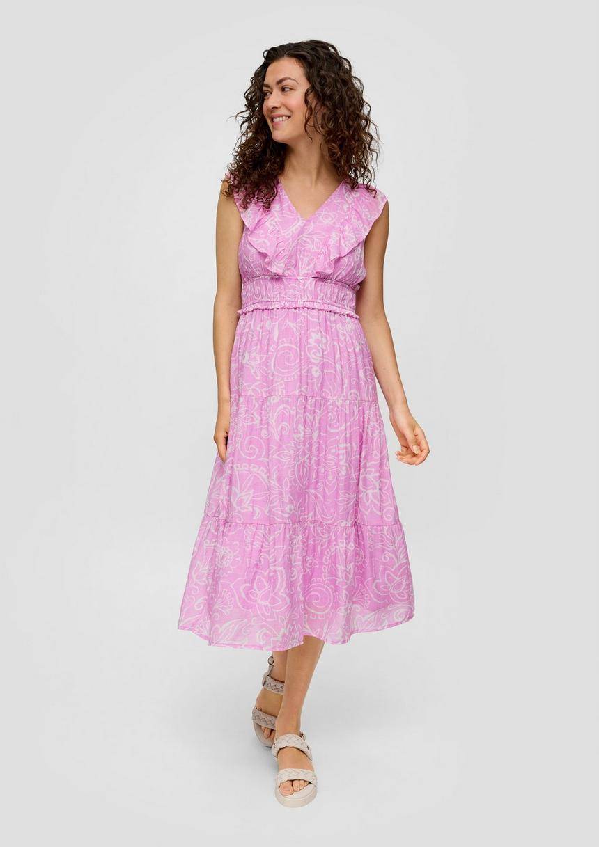 S.Oliver Gemustertes Kleid Aus Viskosemix Mit Rüschendetails