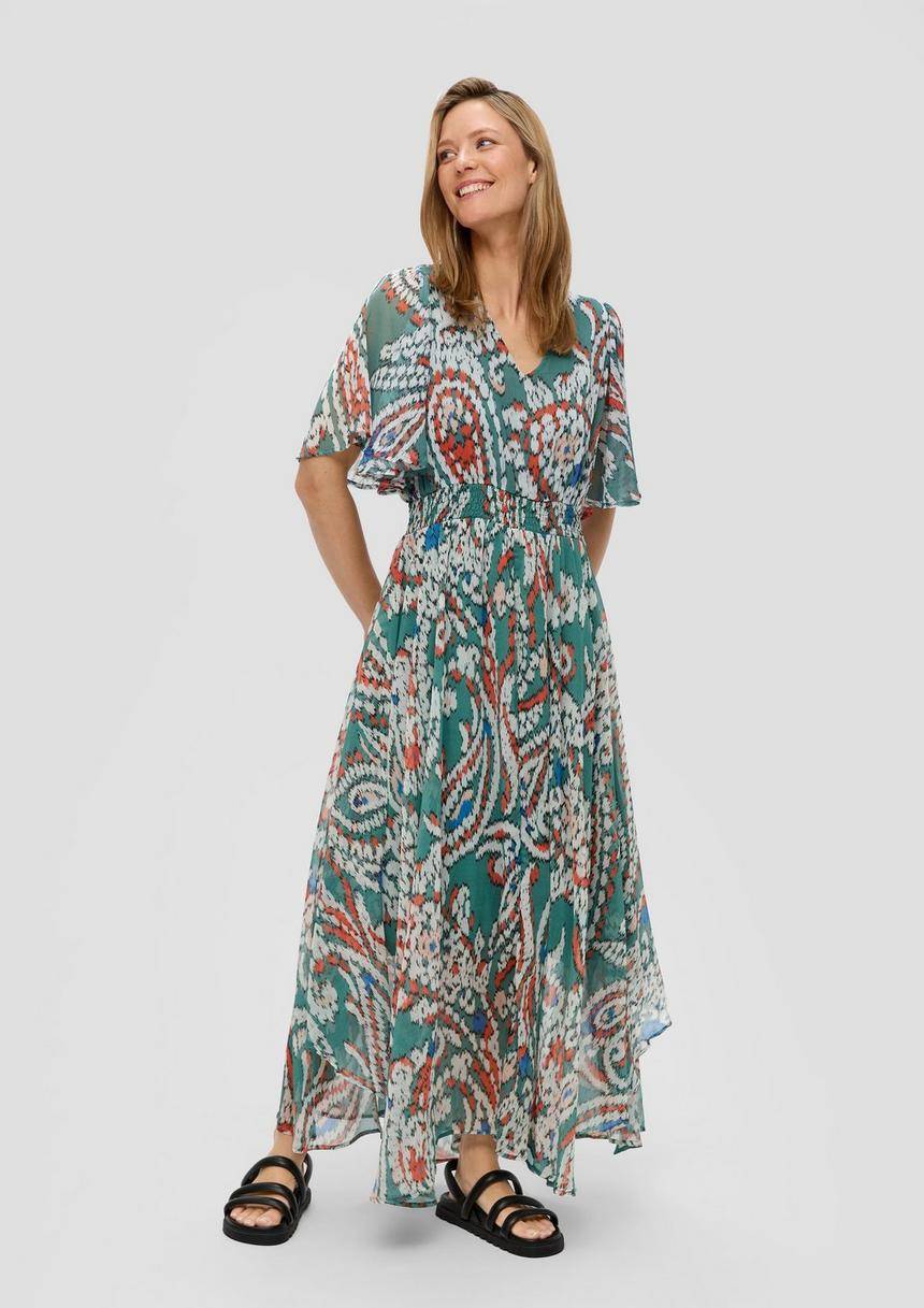 S.Oliver Gesmoktes Maxikleid Aus Chiffon Mit V-Ausschnitt