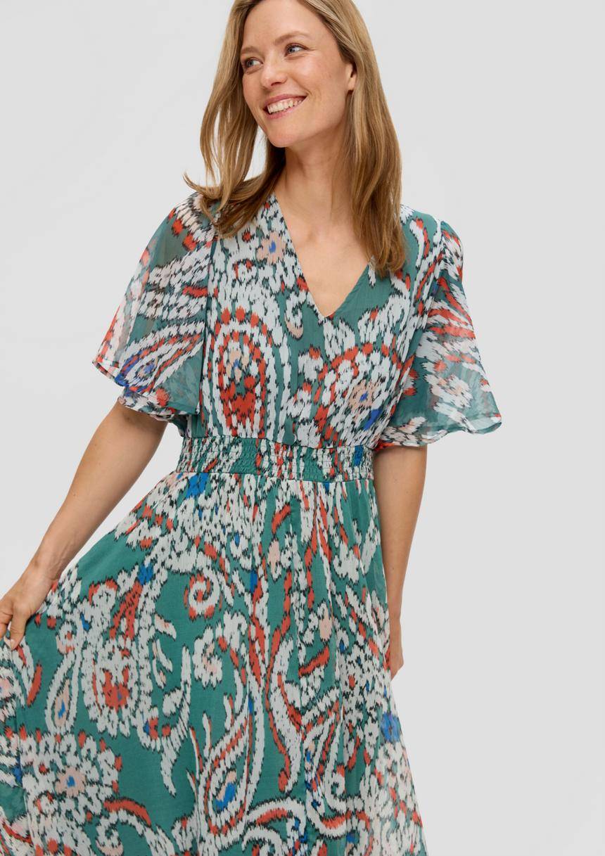 S.Oliver Gesmoktes Maxikleid Aus Chiffon Mit V-Ausschnitt