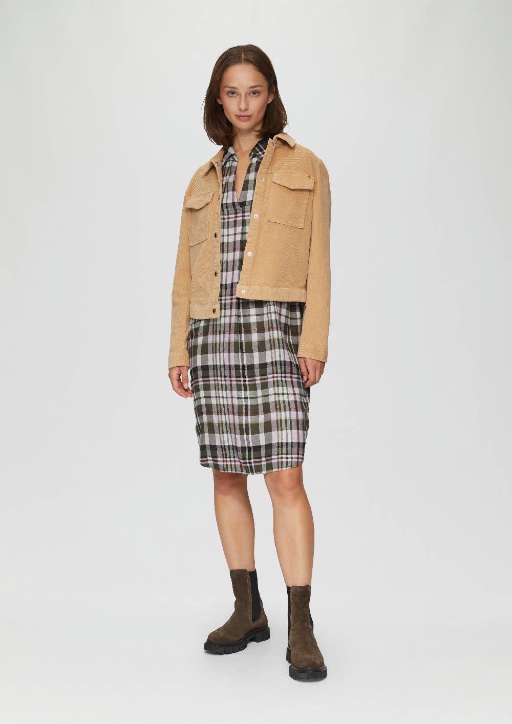 S.Oliver Kariertes Kleid Aus Viskosemix Mit Krempel-Detail