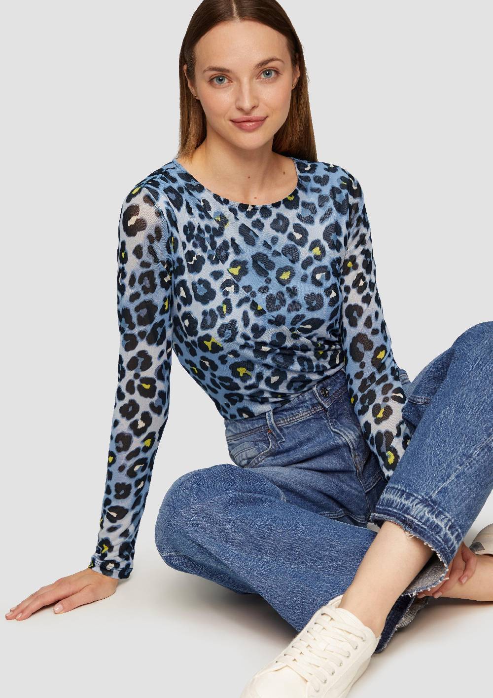 S.Oliver Mesh-Shirt Mit Asymmetrischer Raffung Und Leo-Print