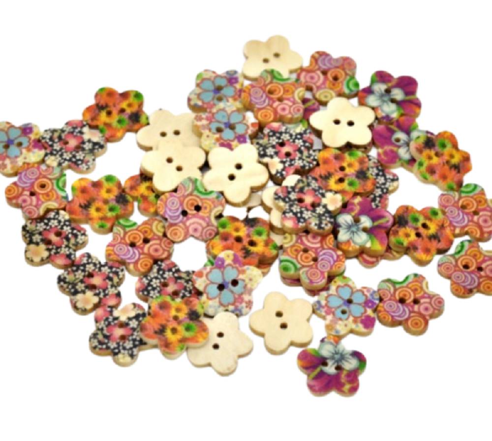 Sadingo Holzknöpfe Blumen Mix | 170 Stk. Verschiedene Größen