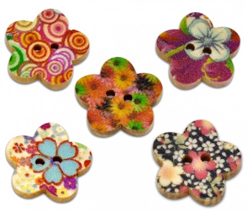 Sadingo Holzknöpfe Blumen Mix | 170 Stk. Verschiedene Größen