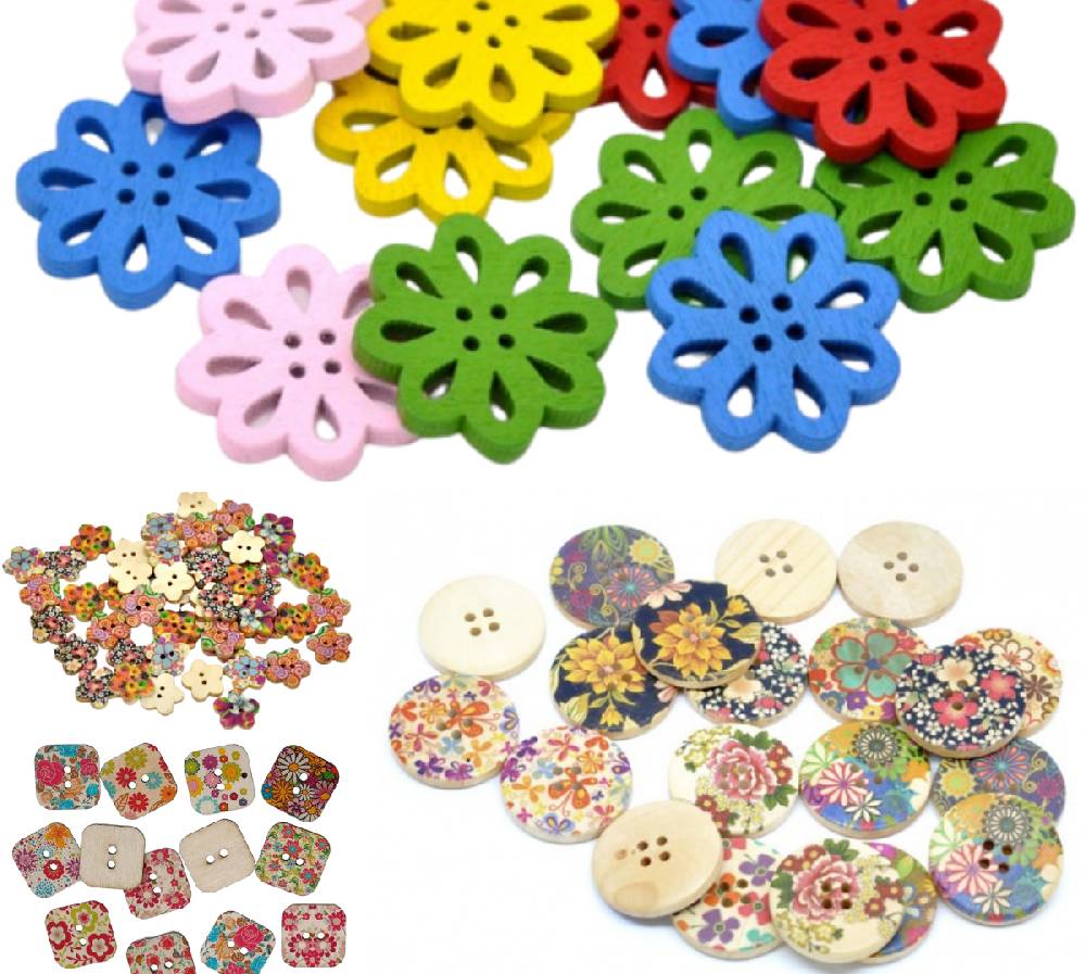 Sadingo Holzknöpfe Blumen Mix | 170 Stk. verschiedene Größen