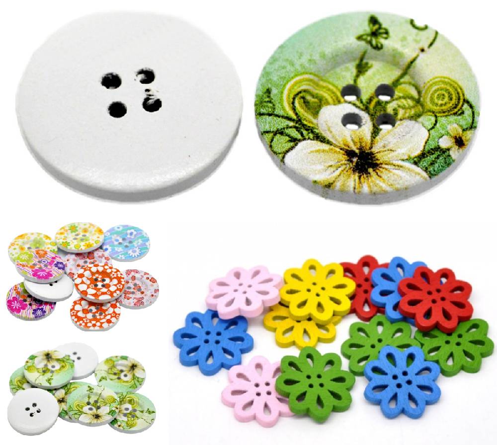 Sadingo Holzknöpfe Blumen Mix | 90 Stk. verschiedene Größen