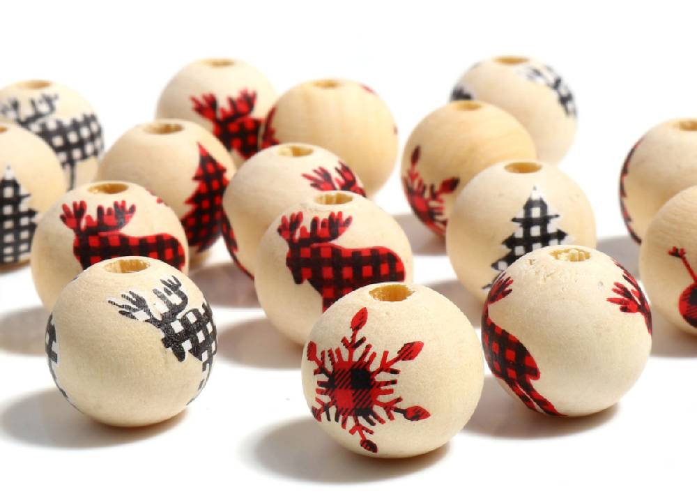 Sadingo Holzperlen Natur Motiv Weihnachten 16mm, 20 Stück, Wählbar