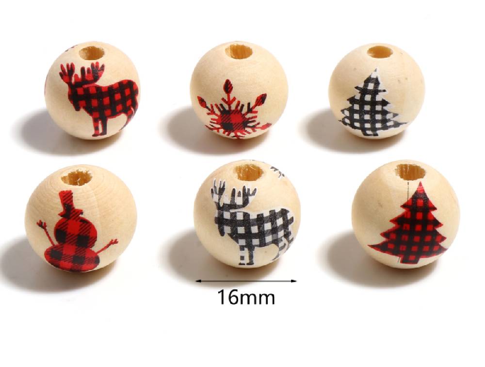 Sadingo Holzperlen Natur Motiv Weihnachten 16mm, 20 Stück, Wählbar