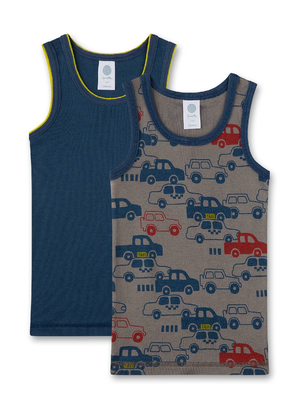 Sanetta Jungen-Unterhemd (Doppelpack) Grau mit Autos und Dunkelblau