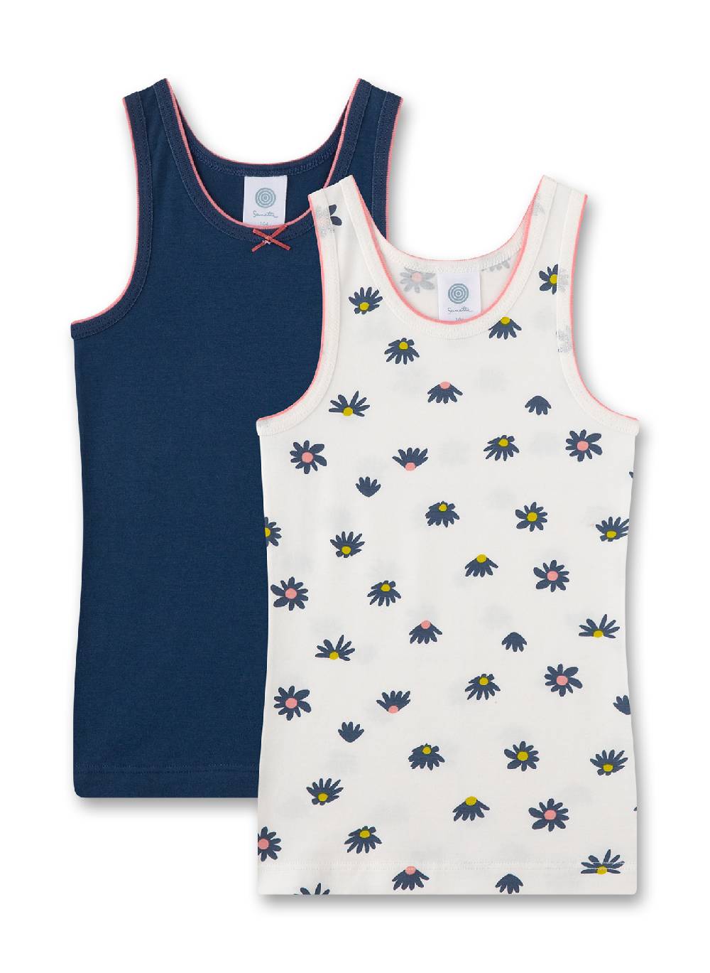 Sanetta Mädchen-Unterhemd (Doppelpack) Dunkelblau & Beige mit Blumen
